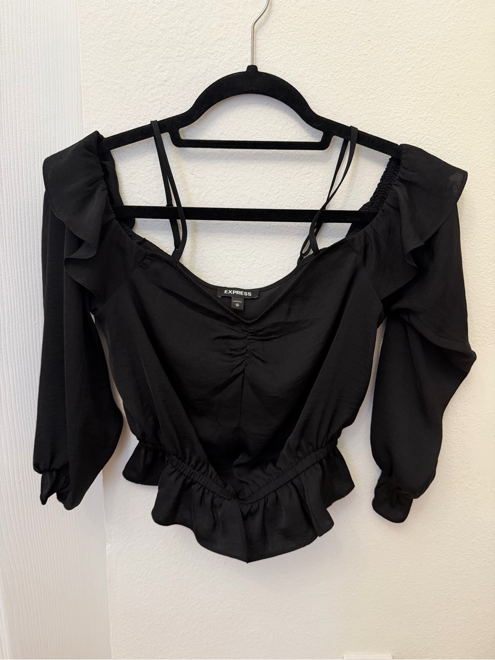 Express Black Off-the-Shoulder Ruffle Hem Blouse
